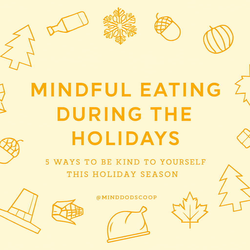Square holiday graphic with orange icons and the words “Mindful Eating During the Holidays: 5 Ways to Be Kind to Yourself,” representing food freedom, mindful eating, and self-care from Mind Body Co-op.