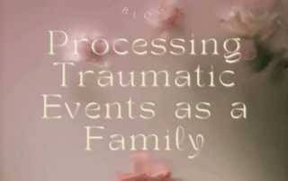 Soft pink floral background with text “Processing Traumatic Events as a Family” promoting Mind Body Co-op’s new blog about trauma and family healing.