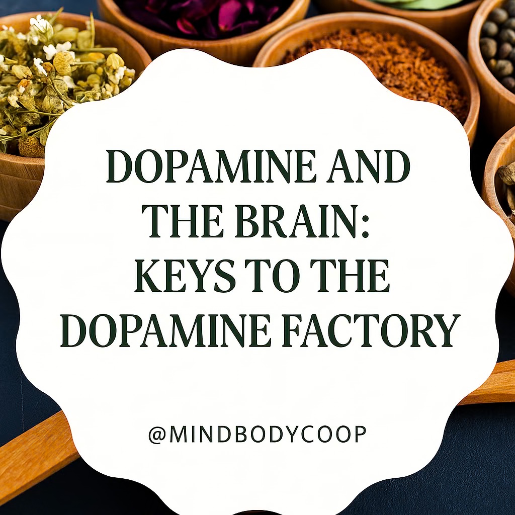 Dopamine and the Brain: Keys to the Dopamine Factory @mindbodycoop graphic promoting the blog Dopamine and the Brain: Keys to the Dopamine Factory