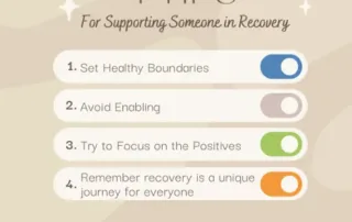 Four illustrated tips for supporting someone in recovery: set healthy boundaries, avoid enabling, focus on the positives, and remember recovery is a unique journey for everyone.