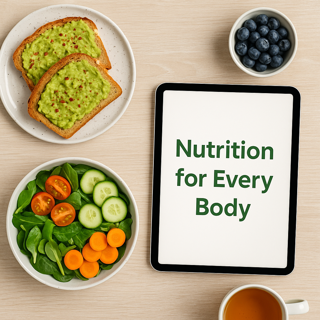 Nutrition for Every Body | Mind Body Co-op Flat lay of avocado toast, salad, blueberries, and tea beside a tablet displaying Nutrition for Every Body