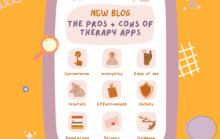 Technology and mental health—illustration of therapy app icons showing pros and cons