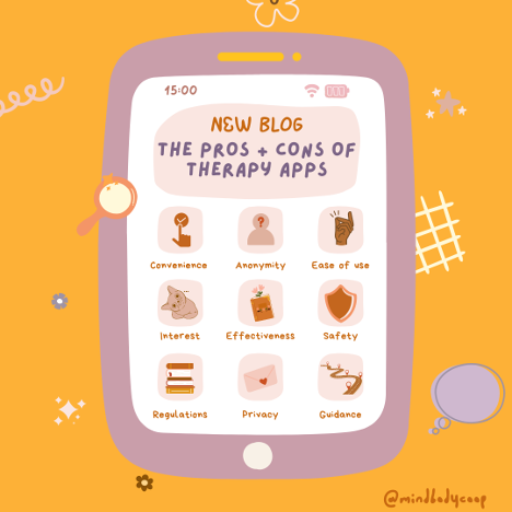 The Pros and Cons of Therapy Apps | Mind Body Co-op Illustration showing therapy app icons that represent the pros and cons of technology and mental health tools