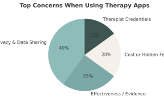 Pie chart of common therapy app concerns: privacy, effectiveness, cost, credentials