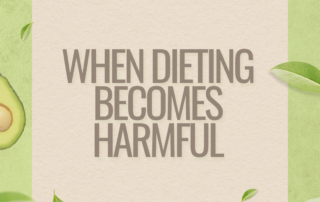 Graphic with the text “When Dieting Becomes Harmful” over a soft green background with subtle food elements.