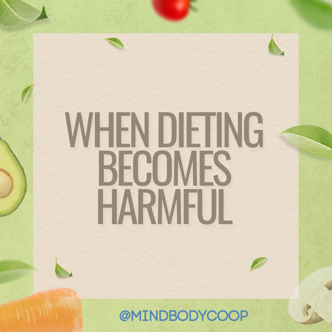 Graphic with the text 'When Dieting Becomes Harmful' over a soft green background with subtle food elements