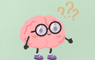 Illustration of a brain with glasses and question marks asking what happens in an EMDR session