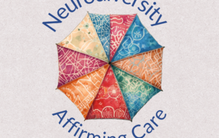 Umbrella illustration labeled “Neurodiversity Affirming Care” representing inclusive, neurodiversity-affirming mental health support