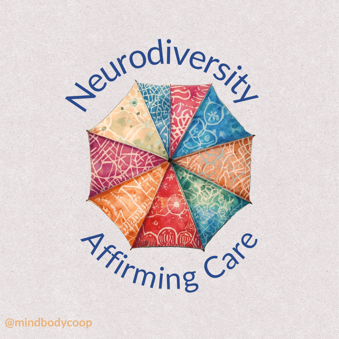 Umbrella illustration labeled “Neurodiversity Affirming Care” representing inclusive, neurodiversity-affirming mental health support